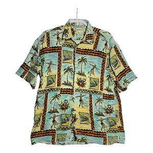 Campia Moda Hawaiian USA Flag Beach CAMP SHIRT XL Hula Girls Palm Trees Vintage